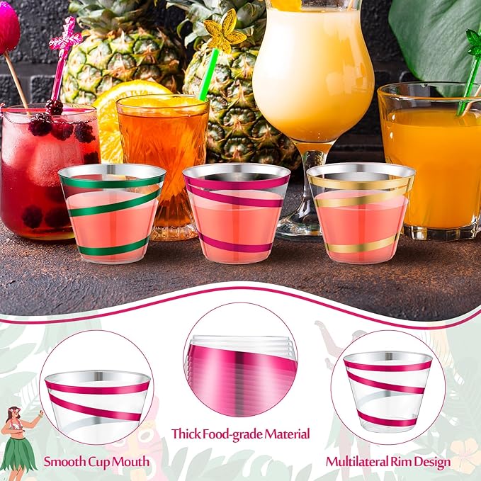 Gejoy 9 oz Rimmed Swirl Plastic Cups Disposable Wine Drinking Cups Clear Elegant Halloween Tumblers for Christmas Party Supplies(Hot Pink, Gold, Green,60 Pcs)