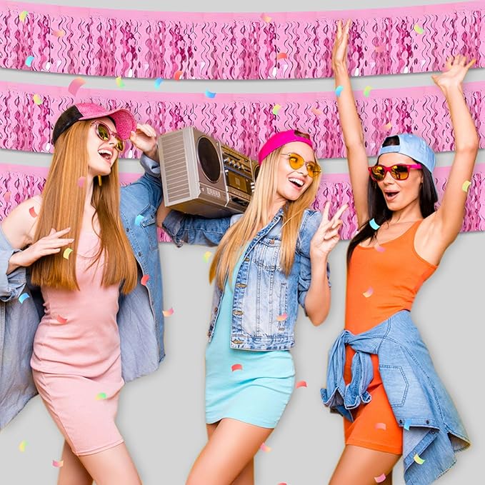 6 Pack 10 Feet Pink Wave Foil Fringe Garland Metallic Tinsel Streamers Banner Wall Hanging Curtain Backdrop for Parade Floats, Mother's Day, Easter, Wedding, Birthday Party Decoration