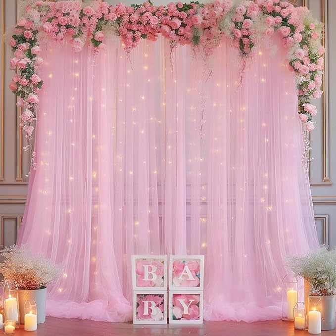 30ft x 10ft Pink Backdrop Curtain with Lights String for Parties, Sheer Tulle Wedding Photo Backdrops Drapes for Baby Shower Birthday Party Decorations Background for Photography