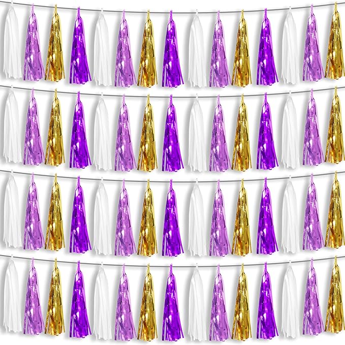4P Purple-Gold Foil Fringe Metallic Tassel Garland, Tassels Banner Streamers for Parade Floats, Bachelorette, Wedding, Birthday, Halloween, Christmas, Bridal/Baby Shower Party Decorations