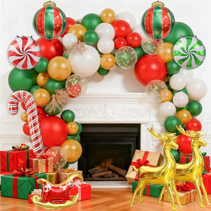130Pcs Christmas Balloon Garland Arch Kit, With Gold Red Green White Candy Sequin Moose Sleigh Balloon for Christmas Party Decorations Supplies (23"Set)