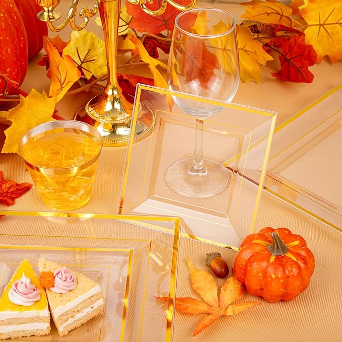 Festiva 350Pcs Clear Plastic Plates with Gold rim - Clear Gold Disposable Dinnerware for 50 Guests includeSquare Plastic Plates/Cups/Cutlery/Napkins Perfect for Thanksgiving Party&Wedding &Xmas