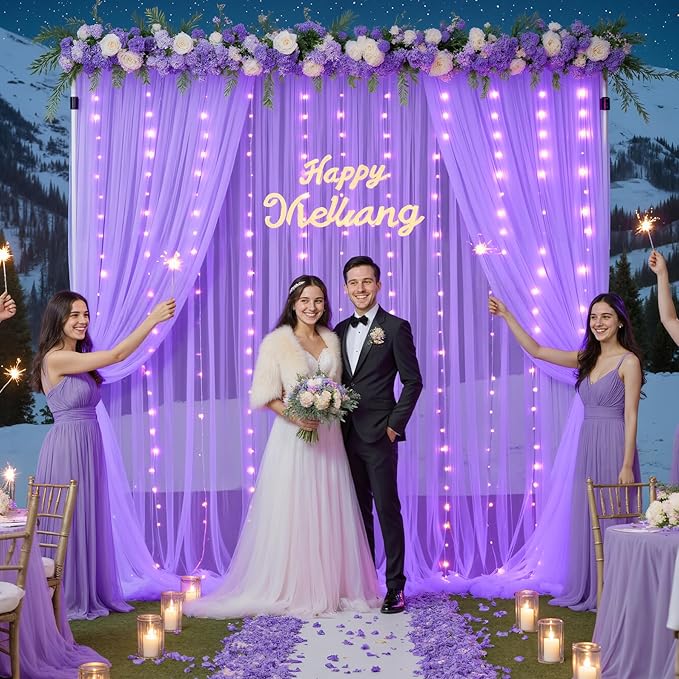 Purple Backdrop Curtains with Lights String for Wedding Birthday Party 10ft×10ft Sheer Tulle Backdrop Curtain for Bridal Shower Baby Shower Photo Shoot Background Wall Decorations 2 Panels 5×10ft