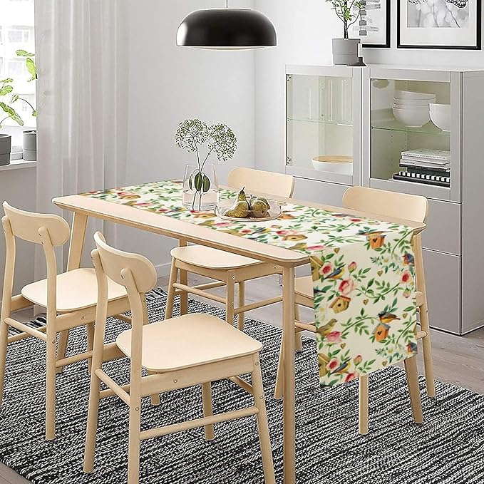 Birds Flowers Spring Table Runner,Watercolor Floral Leaves Seasonal Home Party Kitchen Dining Table Decoration 13x108 Inch