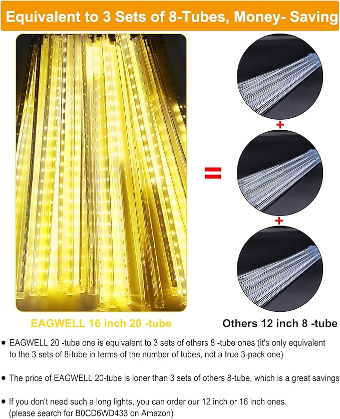 Christmas Lights Outdoor,16 Inch 20 Tubes Meteor Shower Light Falling Rain Drop String Lighting Icicle Snow Cascading Xmas String Decor for Tree Wedding Party Garden Holiday Decoration,Warm White