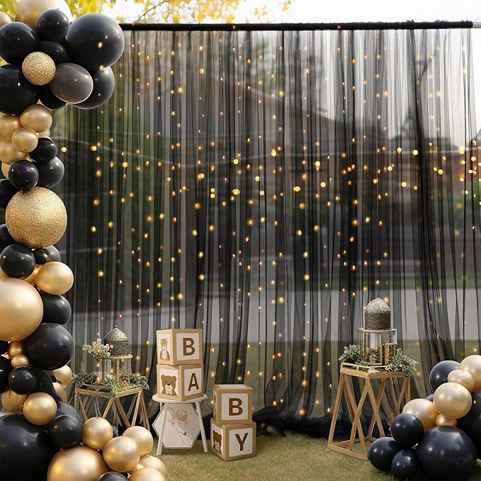 10ft x 8ft Black Backdrop Curtain with Lights String for Parties, Sheer Tulle Wedding Photo Backdrops Drapes for Baby Shower Birthday Party Decorations Background for Photography