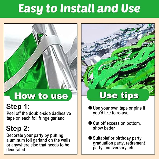 6 Pack 10 Feet Silver Green Wave Foil Fringe Garland Metallic Tinsel Streamers Banner Wall Hanging Curtain Backdrop for Parade Floats, Mother's Day, Easter, Wedding, Birthday Party Decoration