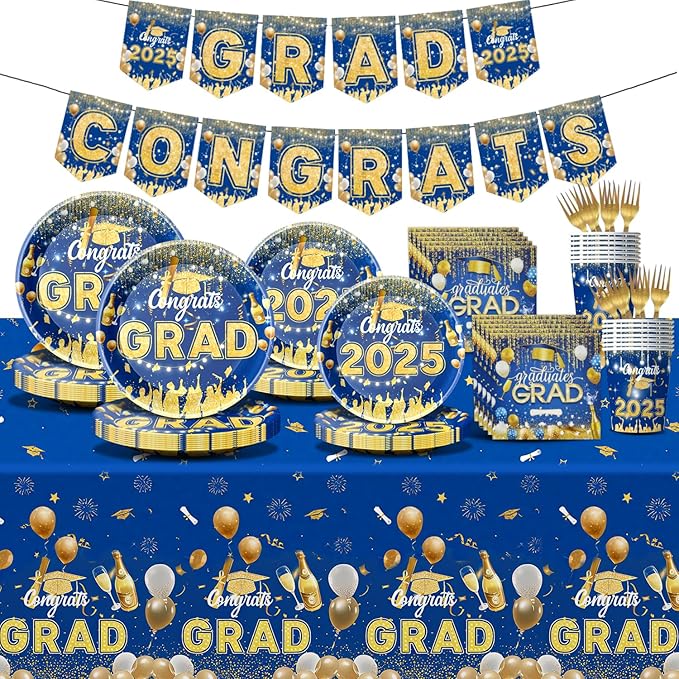 128 Pcs Blue And Gold Graduation Decorations 2025,Graduation Decorations 2025 Deals Set Include Tablecloth , Paper Plates, Cups,Forks, Napkins, Grad Banner Is Suit For Any Grad Party.