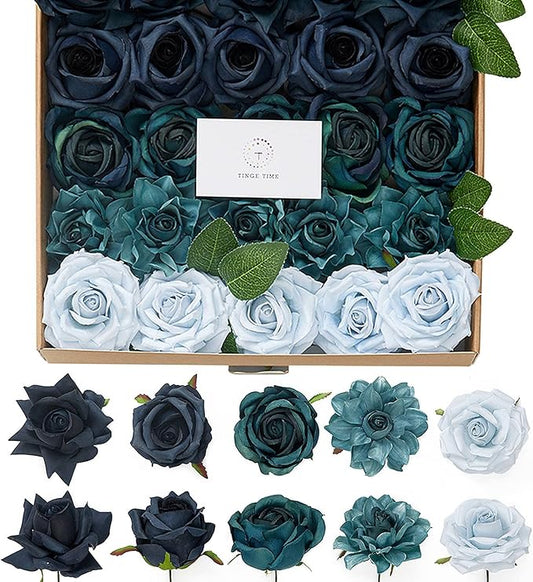 TINGE TIME Artificial Flowers, 25pcs Real Looking Dusty Blue Rose Fake Roses w/Stem for DIY Wedding Bouquets Centerpieces Arrangements Party Baby Shower Home Decorations