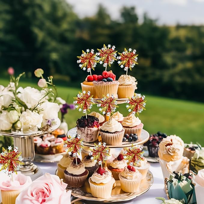 Ephlyn 30Pcs Foil Firework Cupcake Toppers Sparkle Tinsel Cupcake Picks Happy Birthday Cake Decorations Drink Stirrers Cocktail Food Fruit Toothpicks for Baby Shower Graduation Party Supplies Gold Red