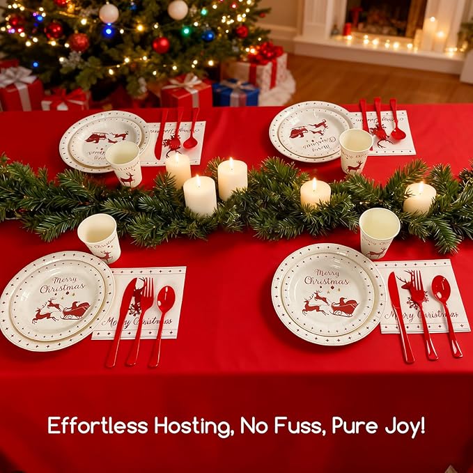 Christmas Plates and Napkins w/Cutlery & Cups, 50 Serve Reindeer Christmas Dinnerware Sets, Xmas Paper Plates Disposable Party Sets, Holiday Tableware for Winter Party Decorations Supplies (350 pcs)
