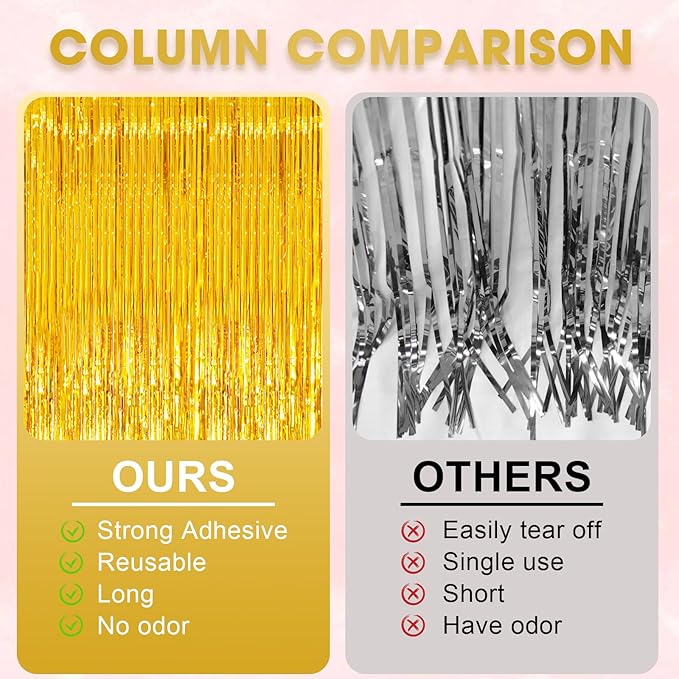 2 Pack Gold Tinsel Foil Fringe Curtains, Gold Party Decorations, Metallic Tinsel Party Streamers Backdrop for Birthday Baby Shower Graduation Wedding New Year Party Decorations
