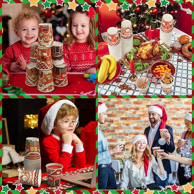 Zhehao 200 Pcs Christmas 9 oz Paper Cups Disposable Coffee Cups Santa Snowman Elk Disposable Hot Cups Xmas Party Drinkware Supplies for Holiday Tea Beverage Cocoa Cold Hot Drink (Gingerbread Style)
