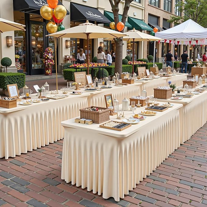 1 Pack Light Champagne Table Clothes for 4 Foot Rectangle Tables, One-Piece Wrinkle Resistant Stretch Spandex Table Covers with Skirt for Event Banquet Wedding Birthday Party