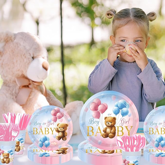 140 Pcs Bear Gender Reveal Decorations Plates Cups and Napkins Sets Boy Or Girl Gender Reveal Decorations Serves 20