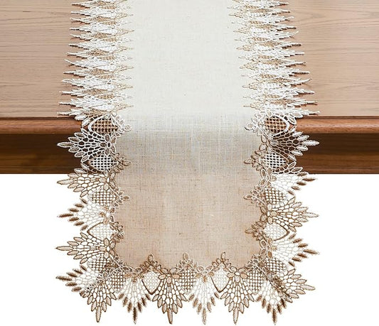 Natural Linen Table Runner 60 inches Neutral Earth Tones Beige Lace Handcrafted Coffee Table Runners Dresser Scarf for Spring Easter Summer Kitchen Wedding Party (Natural, 16”x60”)