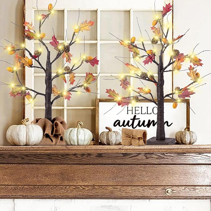 2 Pack Lighted Fall Trees 24in - Battery Operated Autumn Centerpiece with Acorns & Pinecones for Thanksgiving Halloween Decor