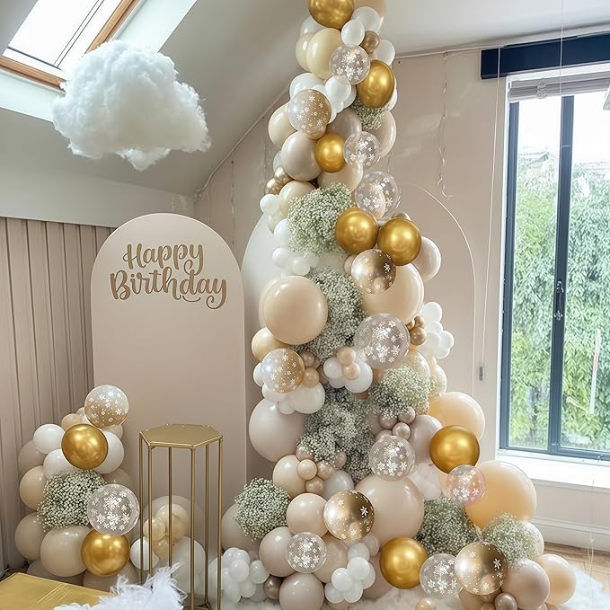 Beige Gold Snowflake Balloons Cream White Sand Gold Metallic Balloons Neutral Boho Ivory Nude Winter Balloon Set for Christmas Ice Wonderland Snow Wedding Baby Bridal Shower Birthday Party Decorations