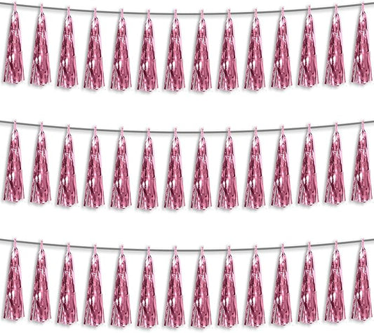 3P Light Pink Foil Fringe Metallic Tassel Streamers Banner Tassel Garland for Parade Floats, Bachelorette, Wedding, Birthday, Halloween, Christmas, Bridal/Baby Shower Party Decorations