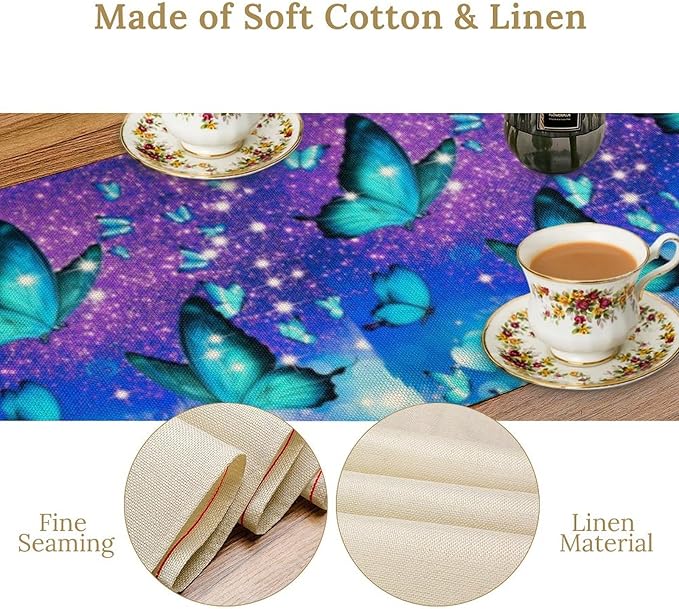 Floral Butterfly Spring Table Runner, Blue Flowers Seasonal Kitchen Dining Table Decoration for Home Party Decor 13x70 Inch