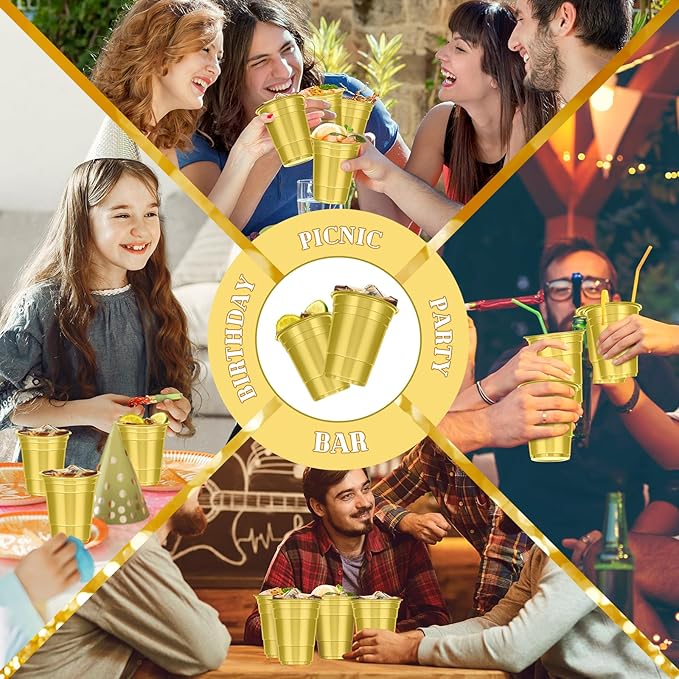 Dualshine 100 Pack Gold Plastic Cups 16 oz,Disposable Cups for Party,Heavy Duty Drinking Cups, Graduation Shot Cup for Wedding Birthday Beer Taste Serving Snack Sample Tastings Barbecues Picnic
