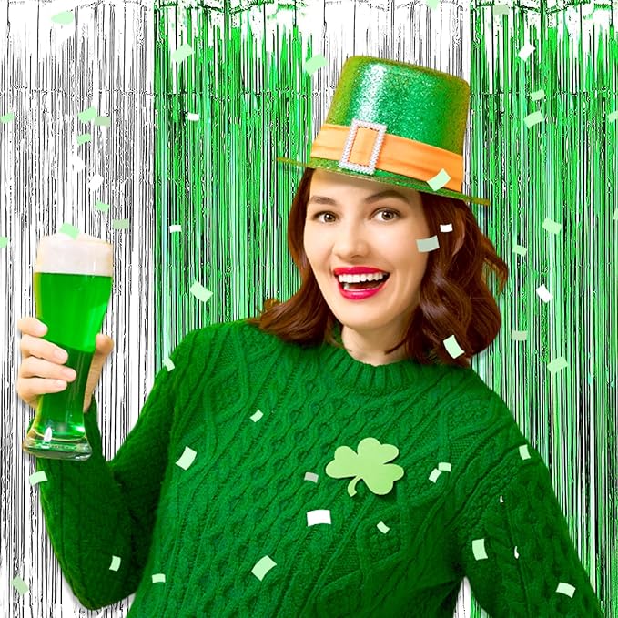 3 Pack Silver Green Foil Fringe Curtain Backdrop, 3.28Ft x 8.2Ft Metallic Tinsel Foil Fringe Streamer Curtains for Photo Booth, Mother's Day, Easter, Birthday, Wedding Party Decorations