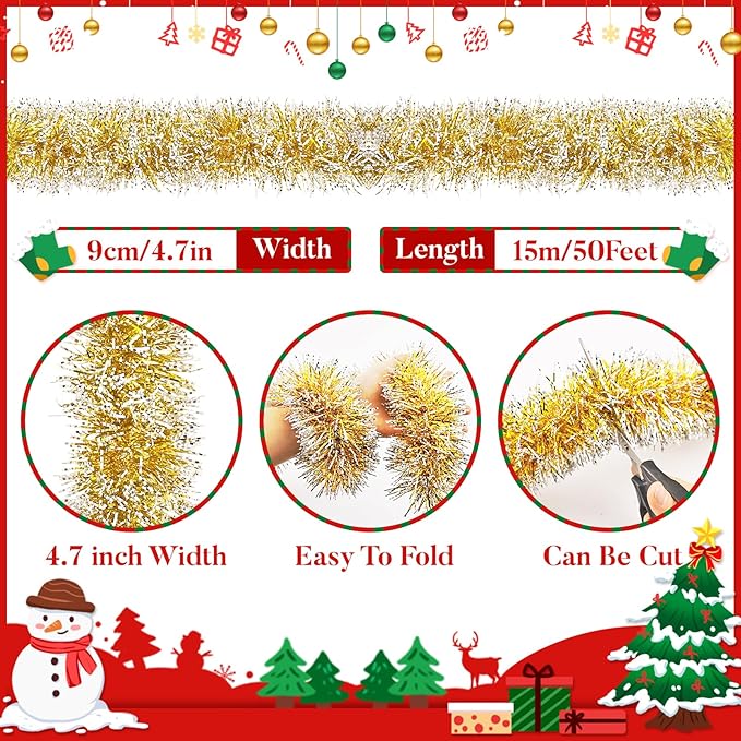 50Ft Christmas Tinsel Garland, Gold Snowflake Metallic Twist Garland for Xmas Tree Decorations, Tinsel for New Year Party Ceiling Hanging Decorations Indoor and Outdoor Decor