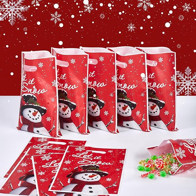Ahysuet 50Pcs Christmas Goodie Bag, Xmas Party Favors Gift Bags with Handles for Holiday Party Favors Christmas Theme Candy Treat Cookie Bags