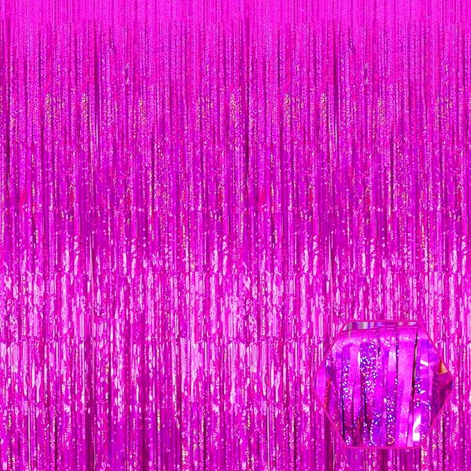 3 Pack Rose Red Foil Fringe Curtain Backdrop, 3.28Ft x 8.2Ft Metallic Tinsel Foil Fringe Streamer Curtains for Photo Booth, Mother's Day, Easter, Birthday, Wedding Party Decorations