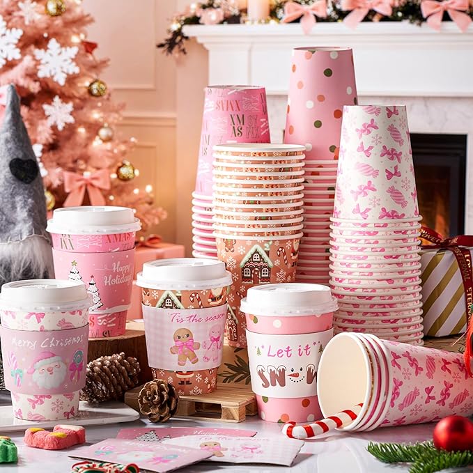 Yungyan 100 Pack 12 oz Christmas Disposable Coffee Cups with Lids and Sleeves Insulated Paper Coffee Cups with Dome Lids and Sleeves for Christmas Hot Chocolate Party Supplies(Cute Pink)