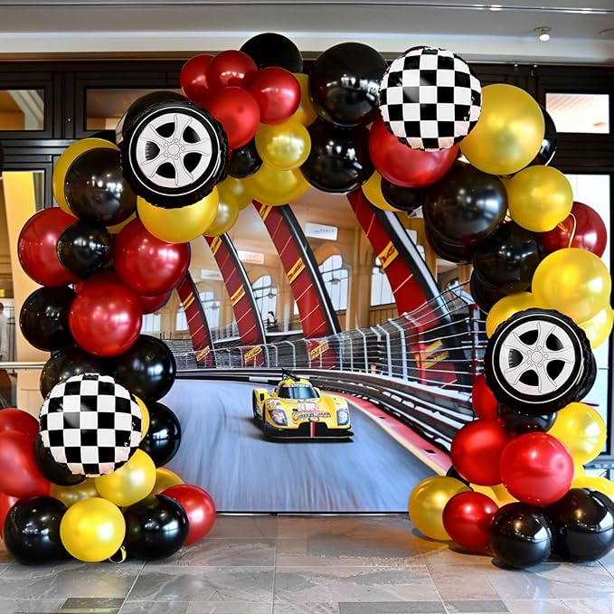 Race Car Balloon Garland Arch Kit, 160Pcs Red Yellow Black Latex Balloons Wheel Checkered Foil Balloons for Racing Car Two Fast 2nd Birthday Party Decorations