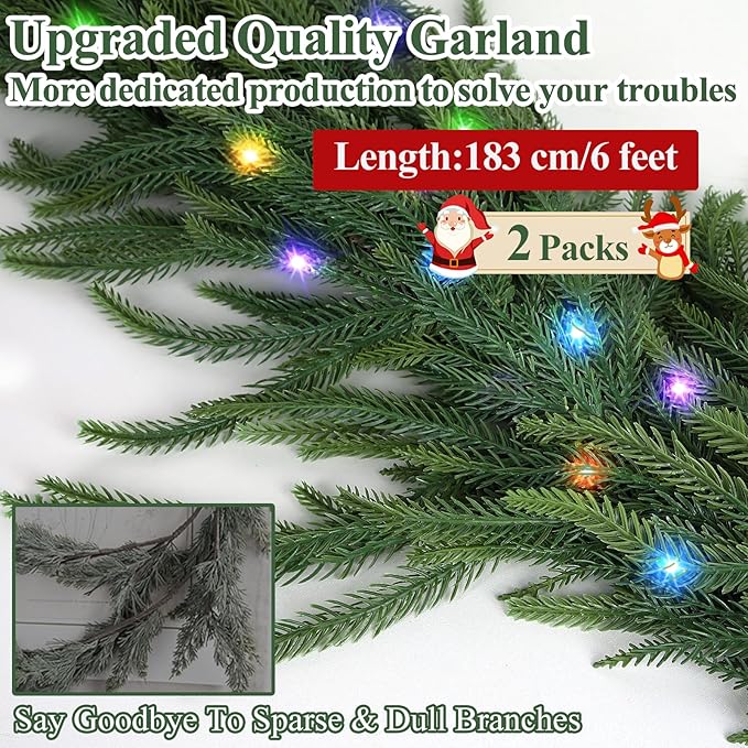 2Pcs Pre-lit Christmas Garland, 6FT Real Touch Lighted Norfolk Pine Garlands Battery Operated for Christmas Decorations with 35 LED RGB/WW String Lights, 8 Lighting Modes & Timer Function