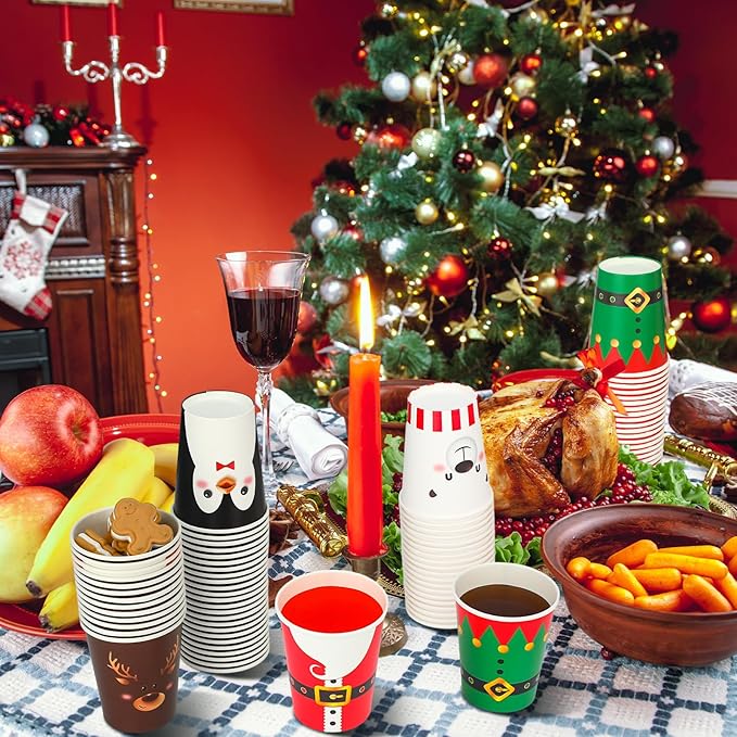 Zhehao 200 Pcs Christmas Paper Cups Xmas Disposable Coffee Cups 9 oz Santa Snowman Elk Disposable Christmas Paper Drinkware for Tea Beverage Cocoa Cold Hot Drink