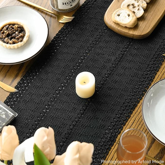 Artoid Mode Black Farmhouse Woven Rustic Hollow Table Runner, Seasonal Holiday Hollow Kitchen Dining Table Decoration for Home Party Decor 12x90 Inch