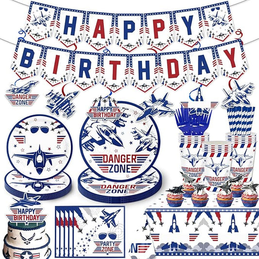 163PCS Air Force Party Fighter Jet Pilot Birthday Party Decorations ,Top Party Supplies Gun Plates and Napkins Military Jet Tableware,Banner, Hanging Swirls, Tablecloth, the Danger Zone Cake Topper