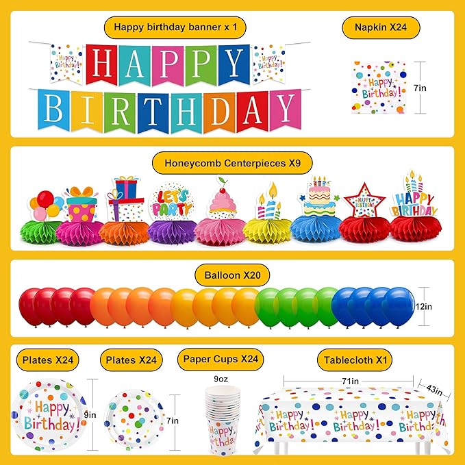 127Pcs Happy Birthday Party Supplies Decorations Set - Dot Design Disposable Tableware Kit with Plates, Napkins, Cups, Tablecloth, Banner, Balloons & Honeycomb Centerpieces for Boys Girls, Serves 24