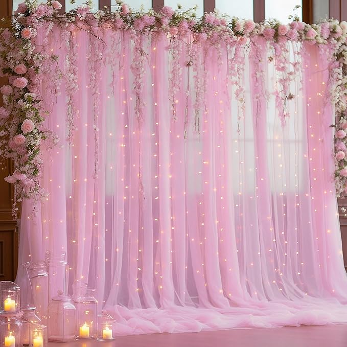 10ft x 10ft Pink Backdrop Curtain with Lights String for Parties, Sheer Tulle Wedding Photo Backdrops Drapes for Baby Shower Birthday Party Decorations Background for Photography