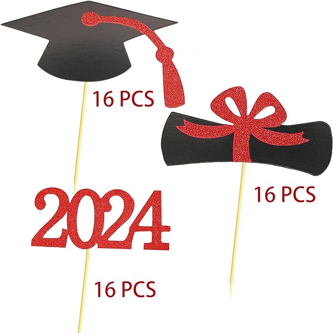 2025 Graduation Cupcake Toppers, 48 PCS Food/Appetizer Picks For Graduation Party Mini Cake Decorations, Diploma, 2025, Grad Cap Set 48 Pieces (03 Red)