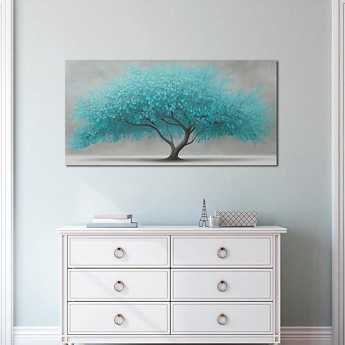 Tree of Life Wall Art for Living Room Bedroom Teal Blue Nature Print Picture Painting Large Framed Wall Decor for Bathroom Office Modern Home Botanical Landscape Wall Decorations Artwork Size 20x40 Ready to Hang