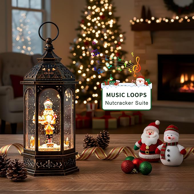 12.8'' Christmas Gingerbread Nutcracker Snow Globe Lantern, Lighted Animated Rotating Train with Musics Swirling Glitter Water Lantern Decoration for Home