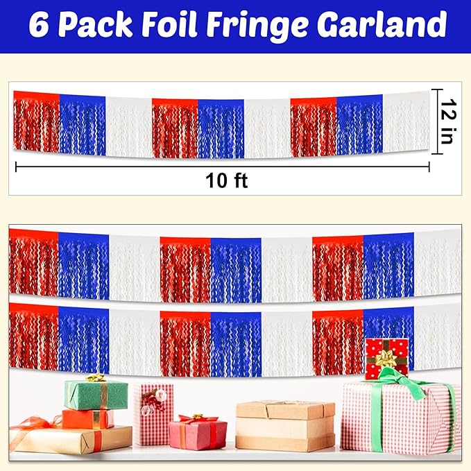 6 Pack 10 Feet White Blue Red Wave Foil Fringe Garland Metallic Tinsel Streamers Banner Wall Hanging Curtain Backdrop for Parade Floats, Mother's Day, Easter, Wedding, Birthday Party Decoration
