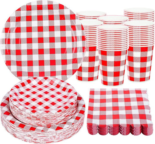 200Pcs Christmas Red Gingham Party Supplies Red Gingham Paper Plates and Napkins Cups Plaid Party Plates Disposable Reds and White Checkered Plates for Christmas Birthday Family Picnic，Serves 50