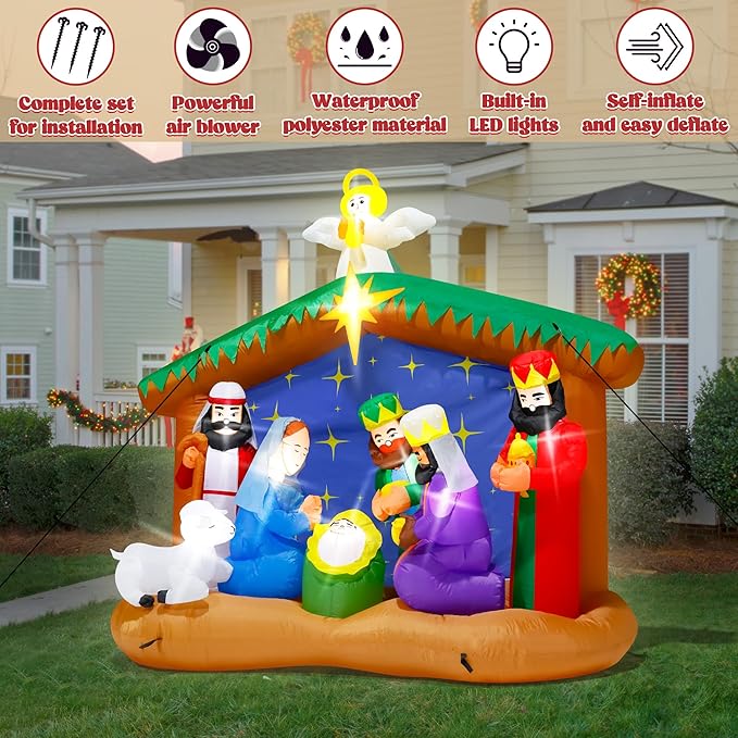 8FT Christmas Inflatables Nativity Scene, Blow Up Christmas Nativity Scene, LED Lighted The Birth of Jesus Scene Inflatables Decor, Christmas Outdoor Inflatable Decor for Xmas Yard Lawn Patio