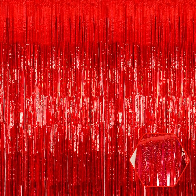 3 Pack Red Foil Fringe Curtain Backdrop, 3.28Ft x 8.2Ft Metallic Tinsel Foil Fringe Streamer Curtains for Photo Booth, Mother's Day, Easter, Birthday, Wedding Party Decorations