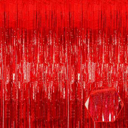 3 Pack Red Foil Fringe Curtain Backdrop, 3.28Ft x 8.2Ft Metallic Tinsel Foil Fringe Streamer Curtains for Photo Booth, Mother's Day, Easter, Birthday, Wedding Party Decorations