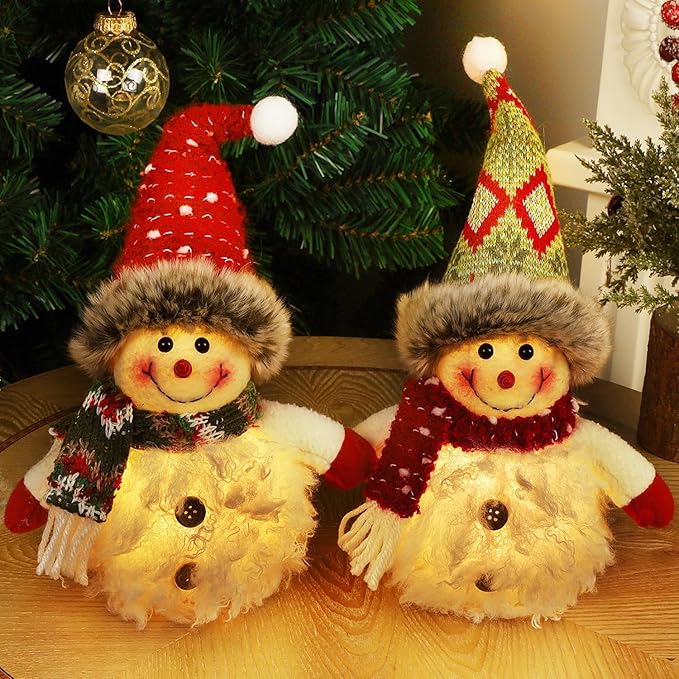 Juegoal 2 Pack Christmas Table Decorations, 10 Inch Lighted Plush Snowmen Figurines, Light Up Snowman Holiday Present, Battery Operated Xmas Gifts Tabletop Ornaments Dinner Party Supplies, Brown Brim