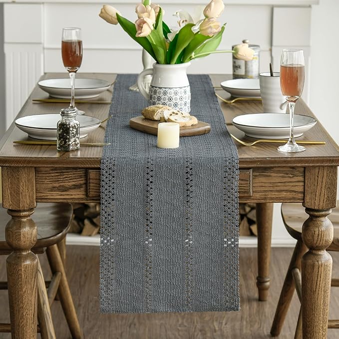 Artoid Mode Dark Grey Farmhouse Woven Rustic Hollow Table Runner, Seasonal Holiday Hollow Kitchen Dining Table Decoration for Home Party Decor 12x108 Inch