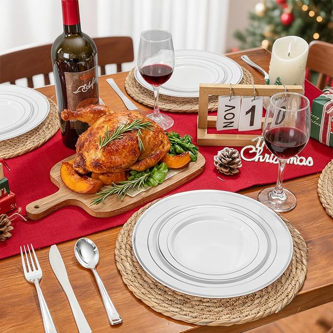 350Piece Silver Plastic Dinnerware Set for 50 Guests - Silver Plastic Plates with Cutlery Include:50Dinner Plates-50Dessert Plates-50Pre Rolled Napkins with Silverware for Christmas