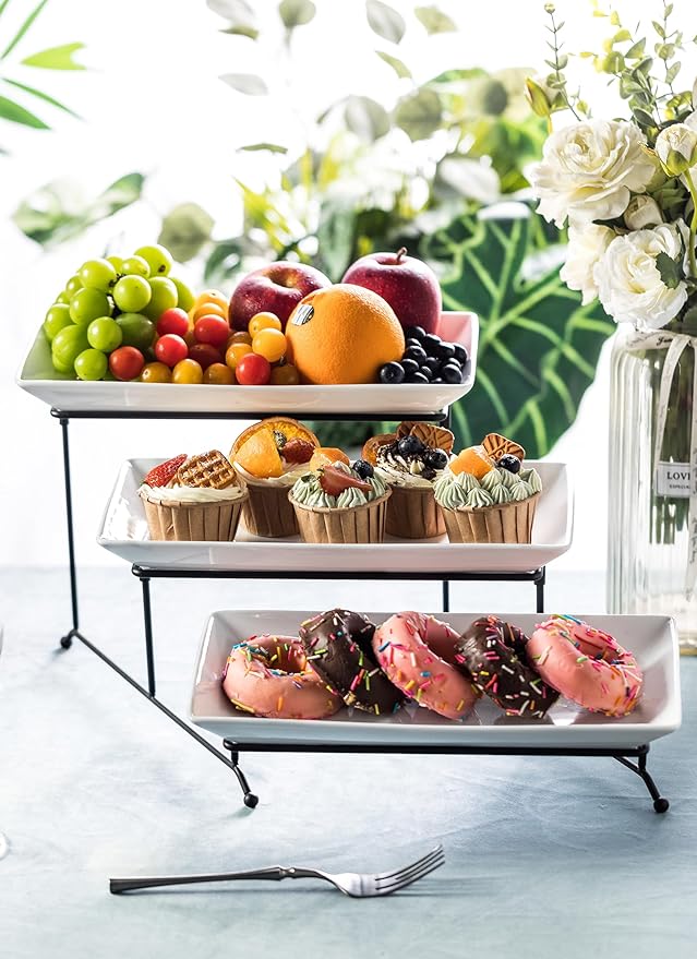LYEOBOH Tiered Serving Stand and Platters Set, Large Tiered Tray Stand, 3 Tier Serving Tray with Collapsible Sturdier Rack, 12 Inches Tier Serving Platter for Party, Display, Dessert, and Cupcake
