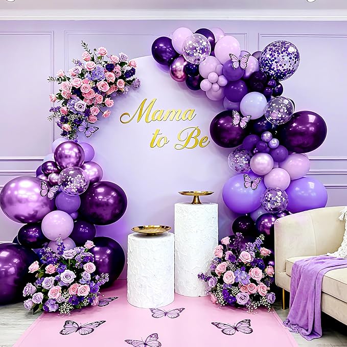 Bezente Purple Latex Balloons Kit, 60pcs 12 inch Dark Purple Metallic Chrome Confetti Lavender Lilac Balloons for Women Birthday Wedding Baby Bridal Shower Halloween Themed Party Decorations